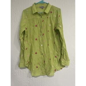 Figueroa & Flower Green Full Button Down Blouse Embroidery